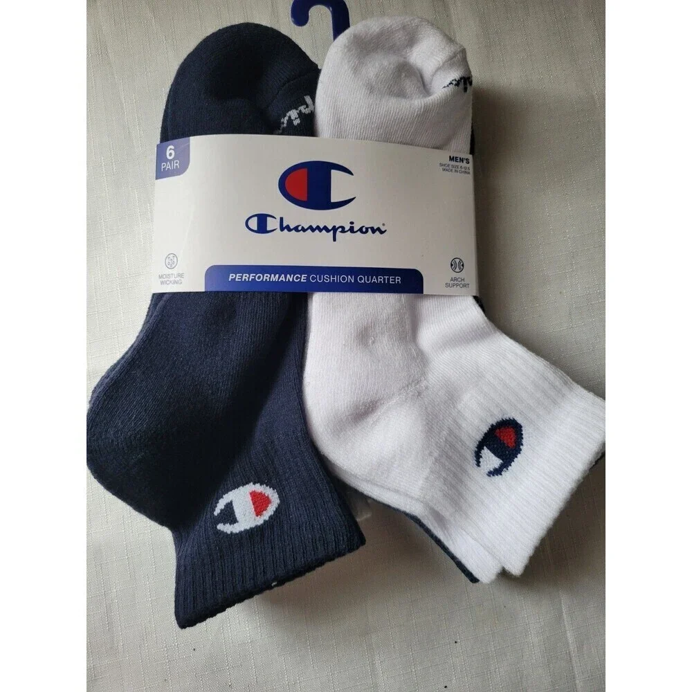 Champion Mens Quarter Ankle Multi SporSocks -6 Prs  Athleticwear Size 6-12 Black